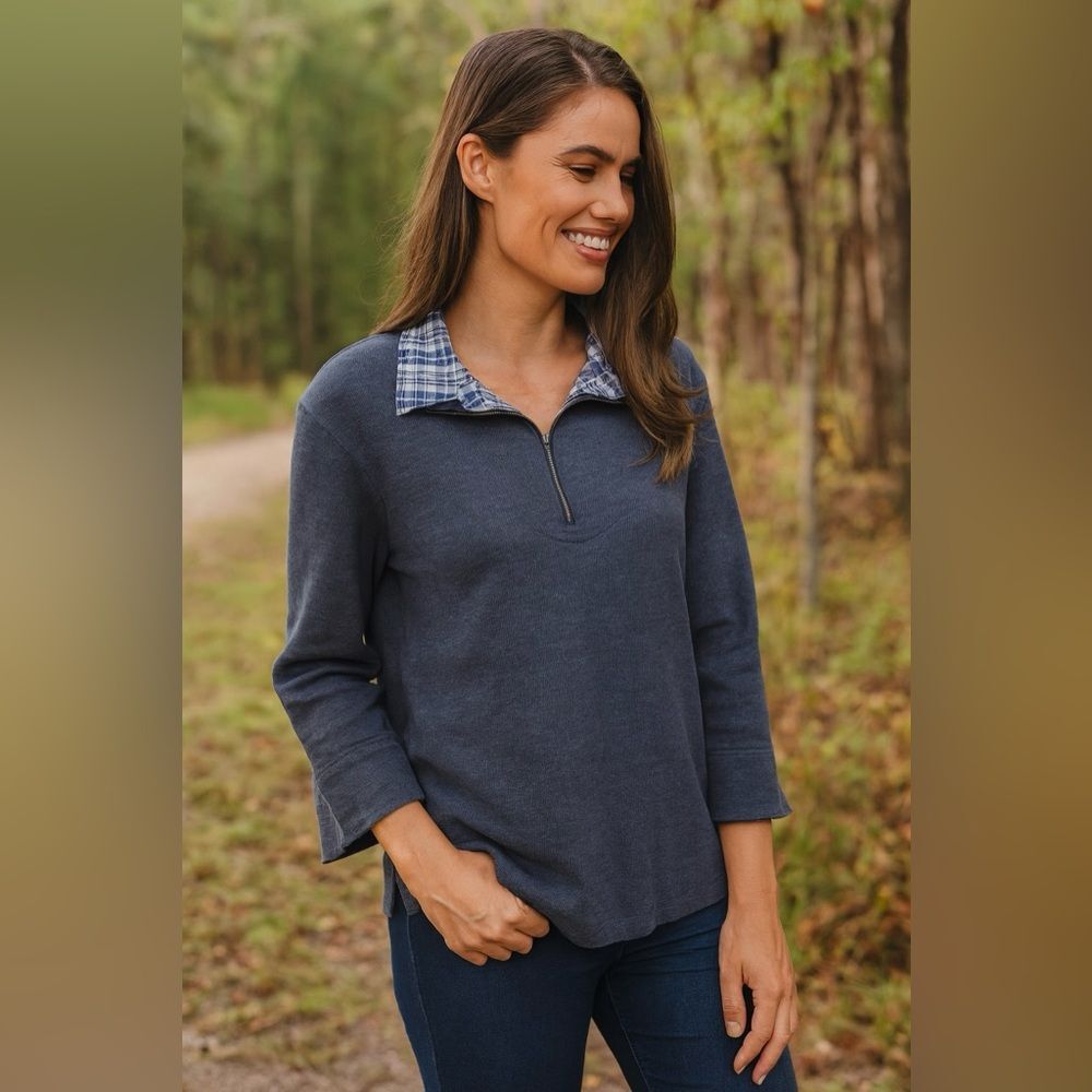 Rebecca Malone Plaid Contrast 1/4 Zip Top Blue L